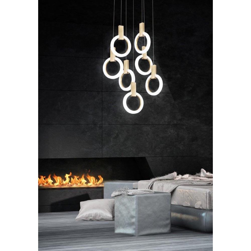 Pendant Led lamp in circular shape in wooden effect.Single lights can be combined.