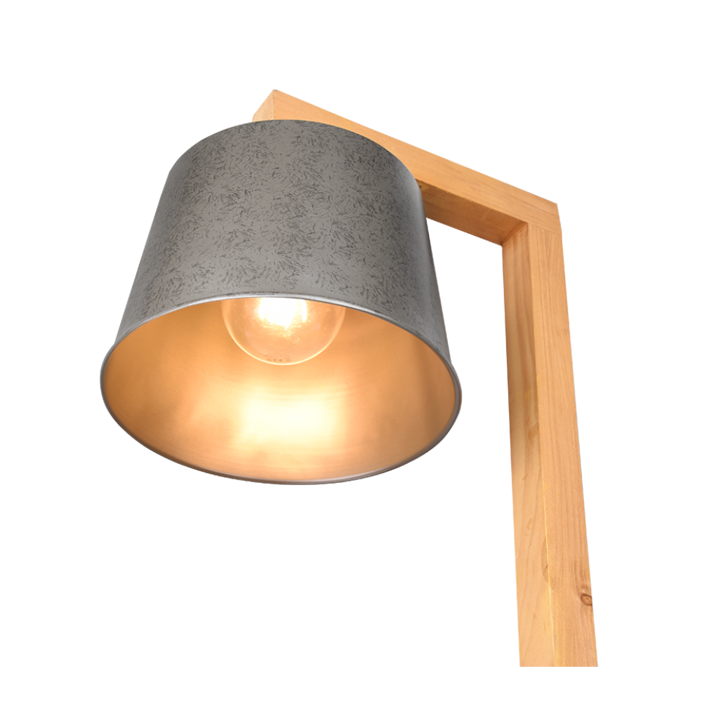 Floor lamp with base in wood and metal shade. 
