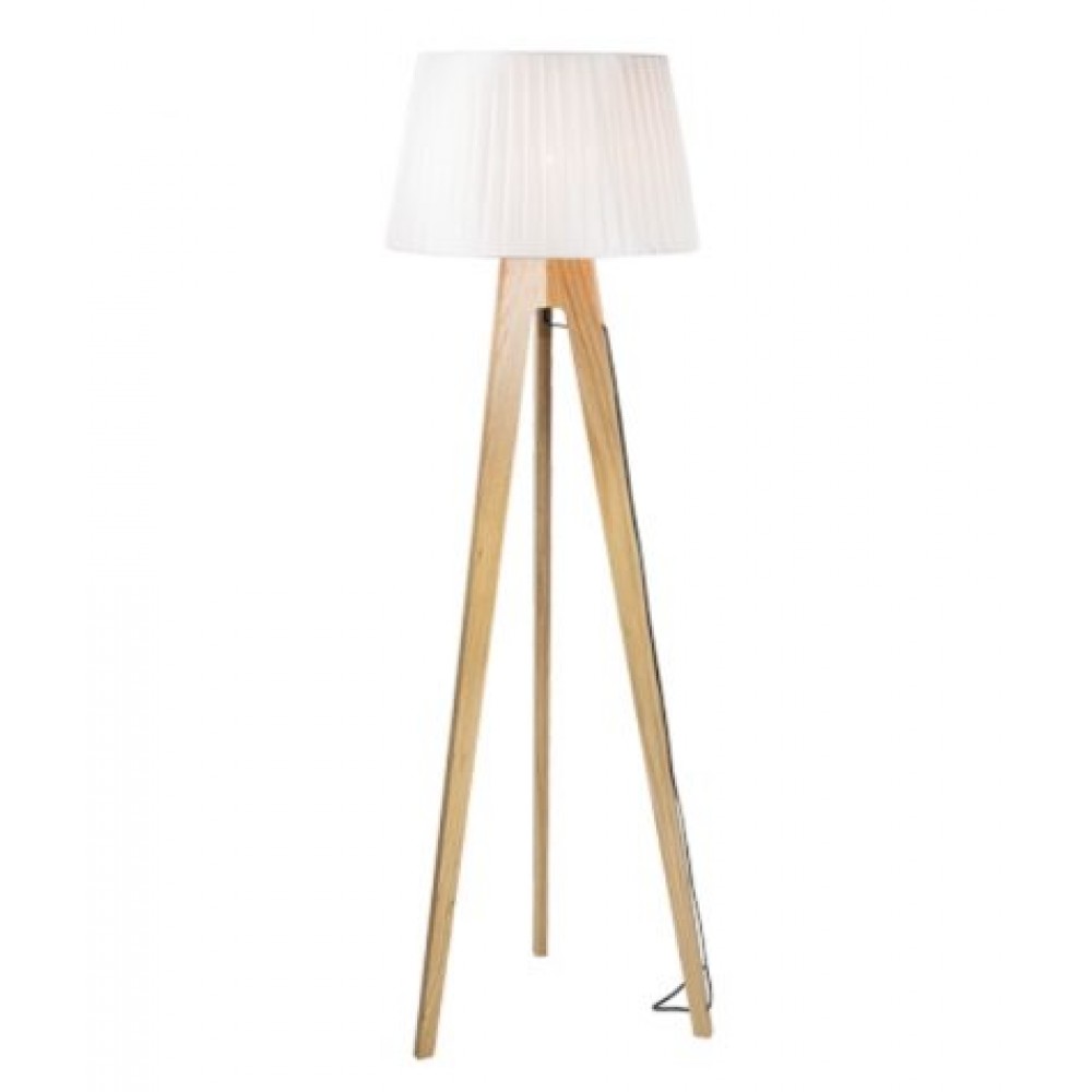 Floor lamp in natural wood and white shade.