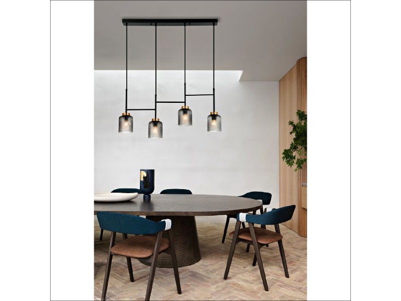 Metal pendant lighting in black with clear engraved glass and gold detail. Black fittings. Metal pendant lighting in black with clear engraved glass and gold detail. Black fittings.