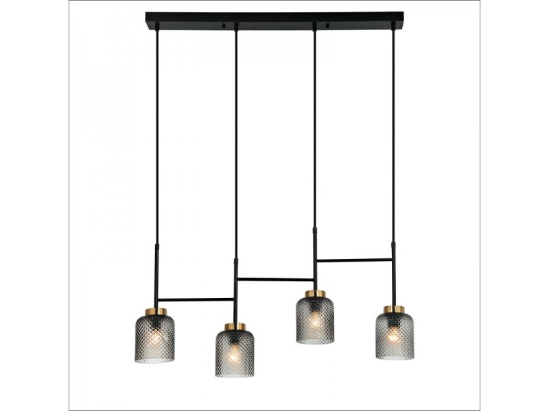 Metal pendant lighting in black with clear engraved glass and gold detail. Black fittings. Metal pendant lighting in black with clear engraved glass and gold detail. Black fittings.