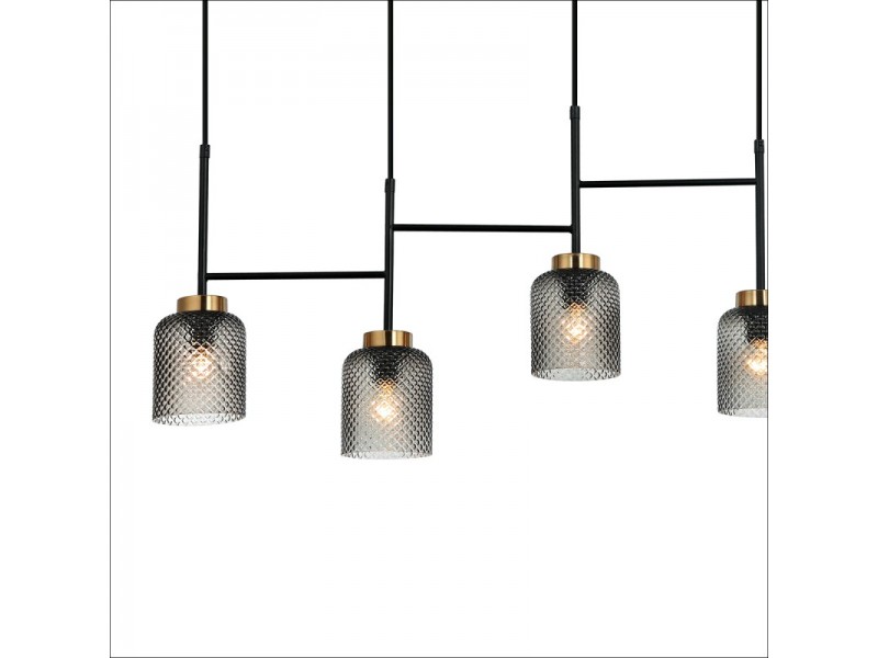 Metal pendant lighting in black with clear engraved glass and gold detail. Black fittings. Metal pendant lighting in black with clear engraved glass and gold detail. Black fittings.