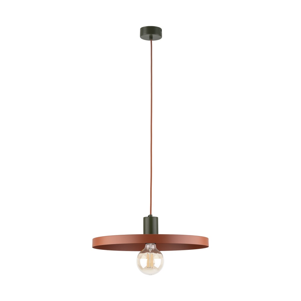 Κρεμαστό minimal φωτιστικό της Tk Lighting σε καφέ με πράσινη ροζέτα .