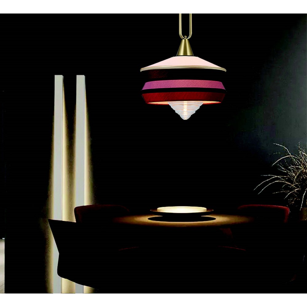 Neoclassical pendant lamp with shade.