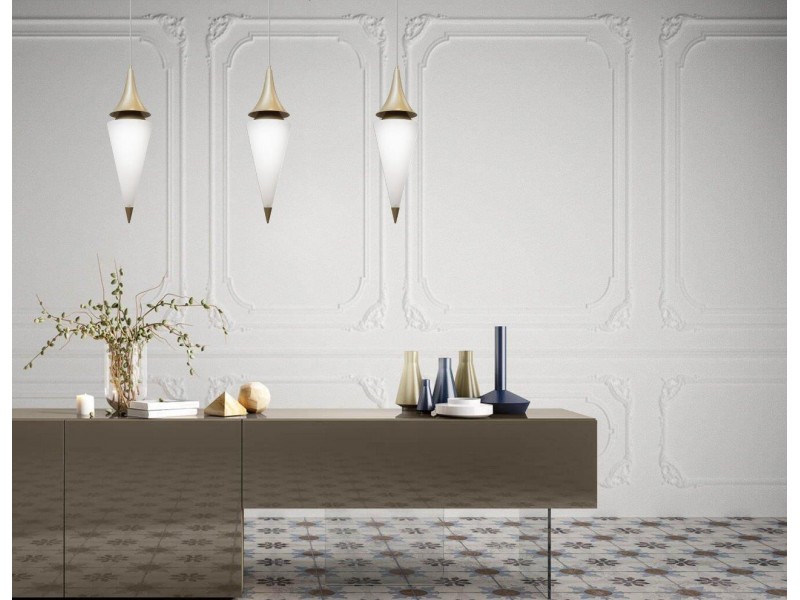 Single pendant in gold finishing and satin glass. Single pendant in gold finishing and satin glass.