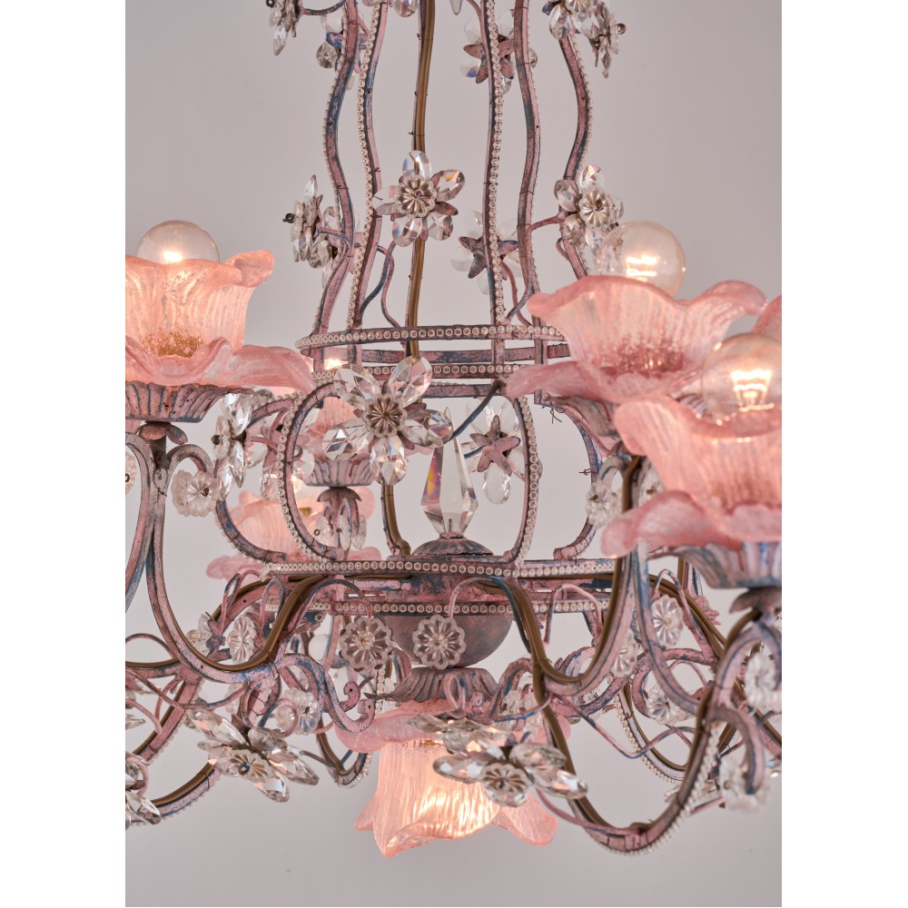 Handmade pink chandelier with murano glass.
