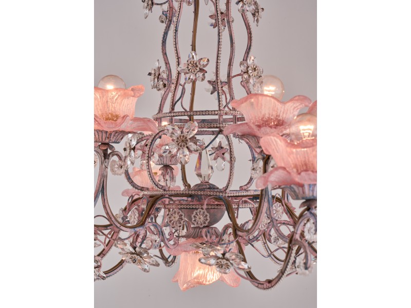 Handmade pink chandelier with murano glass.