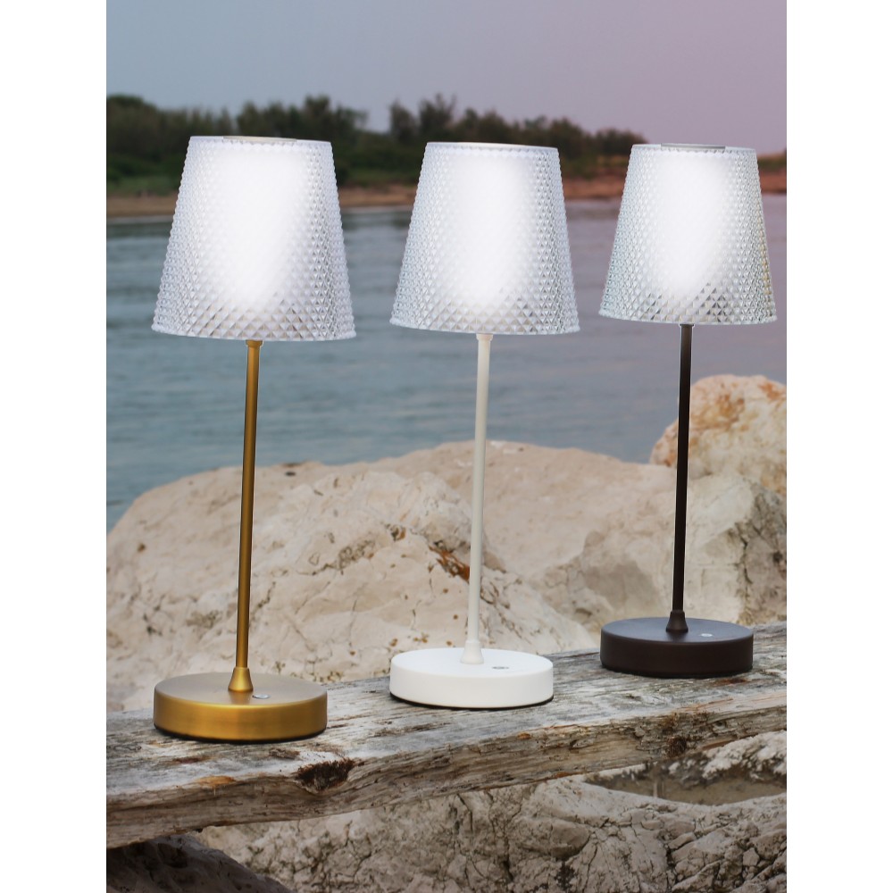 Table lamp rechargeable for outdoor use.