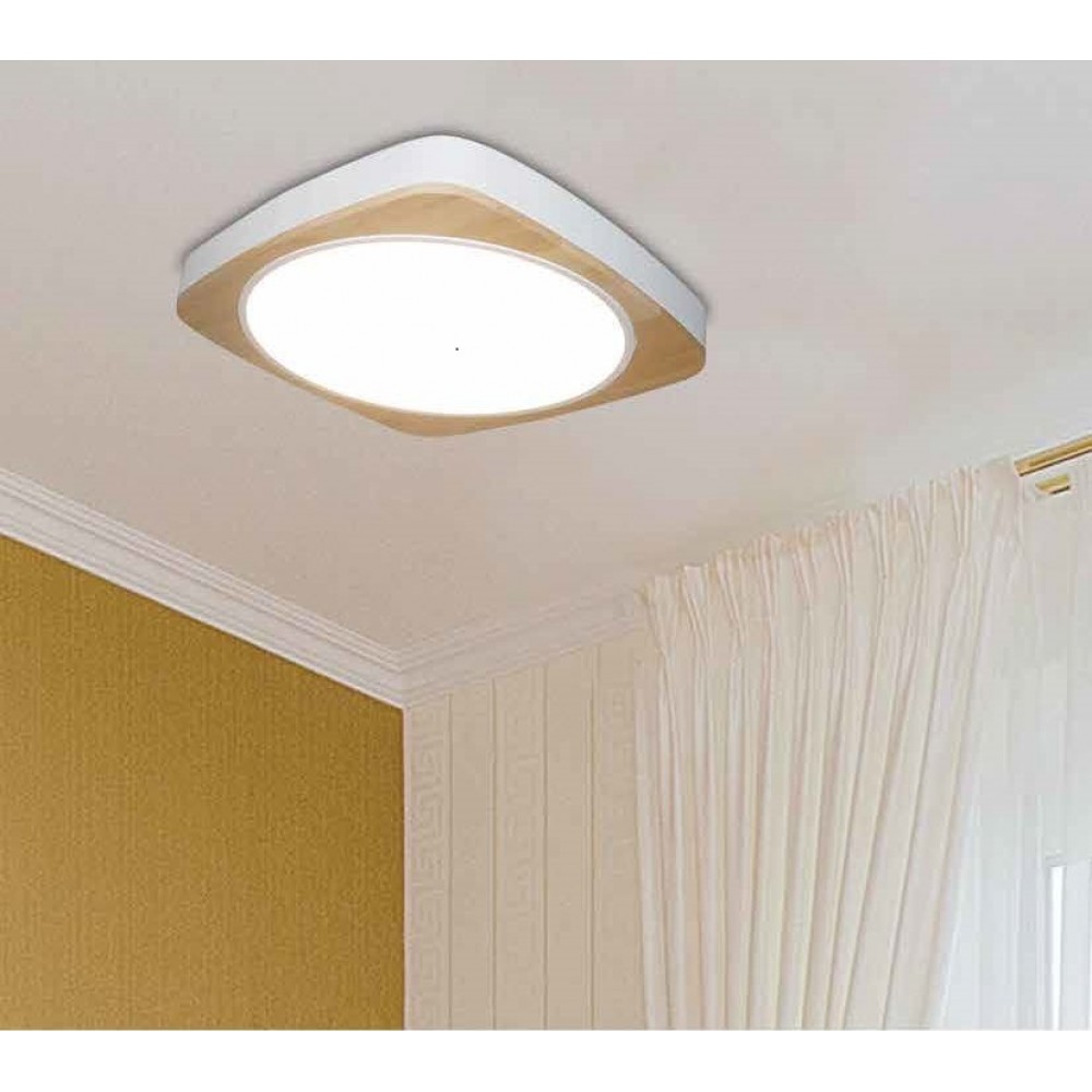 Square Led ceiling in white with wood.