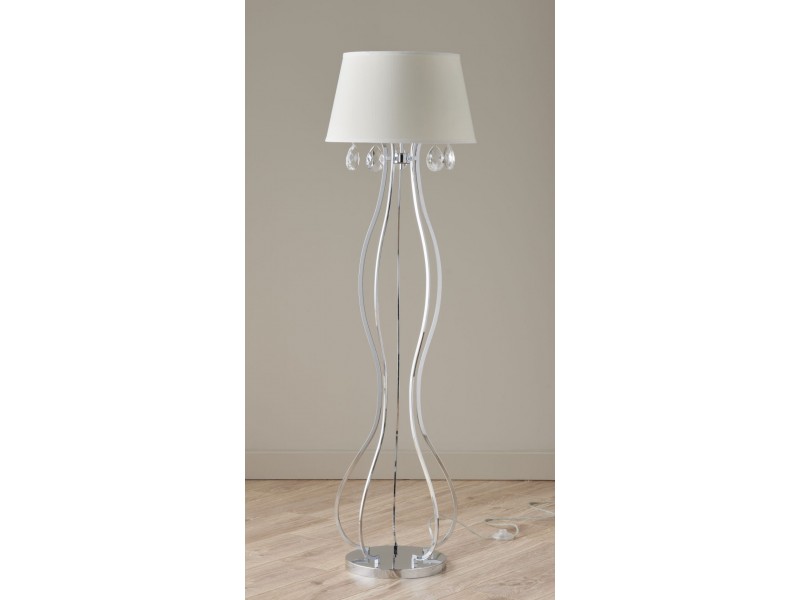 Metal floor lamp in wavy lines and black shade with crystal detail. Metal floor lamp in wavy lines and black shade with crystal detail.