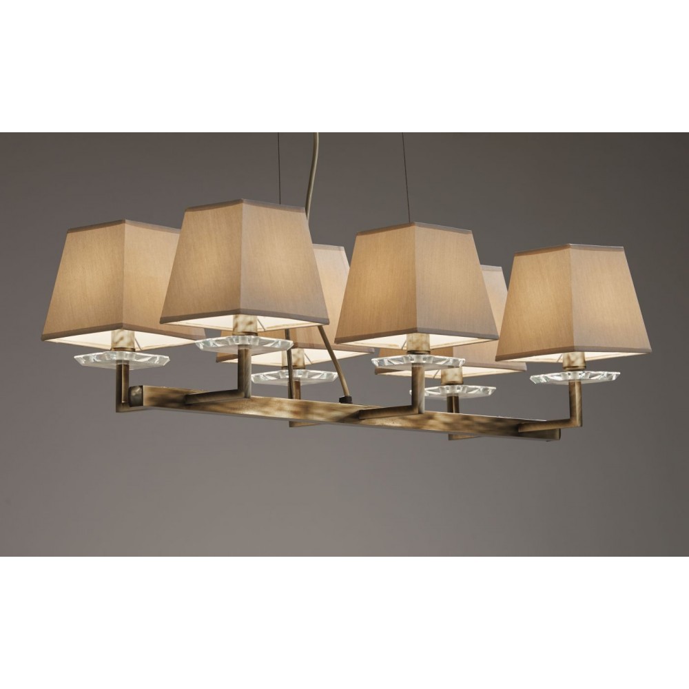 Hanging lamp in oxidic  finishing with 4 or 6 lights and lampshades in beige.Decoration with crystal.