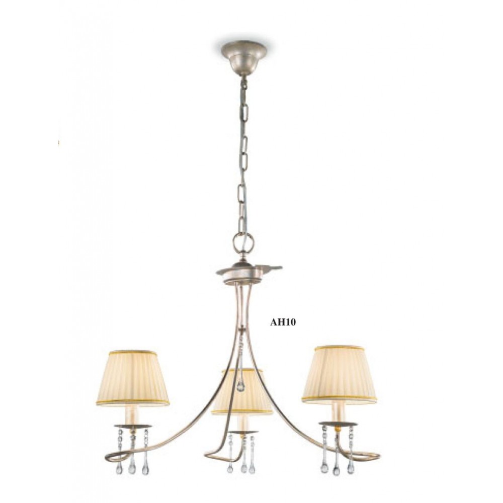 Hanging lamp with pleated shades  in crème color and fixture in silver patina decorated with crystals.