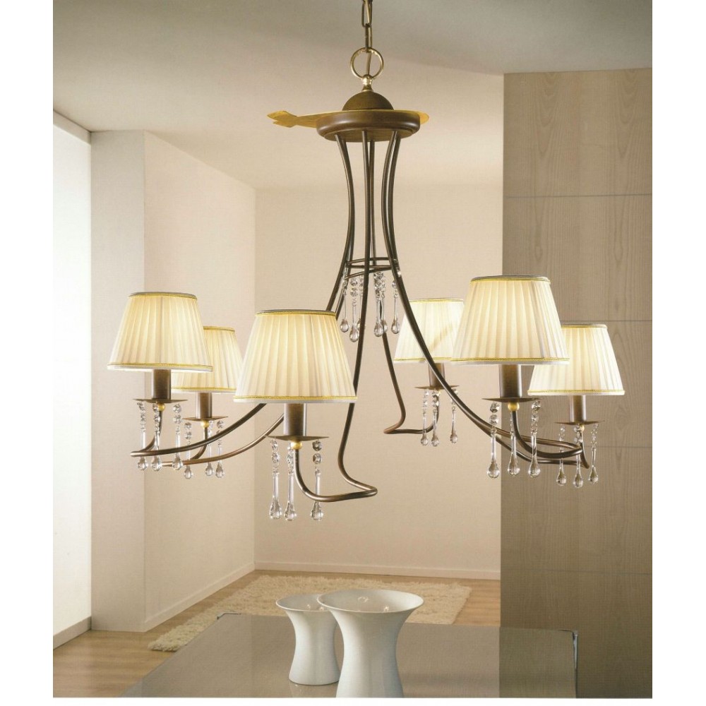 Pendant light with pleated shades in crème color and fixture in brown , decorated with crystals.