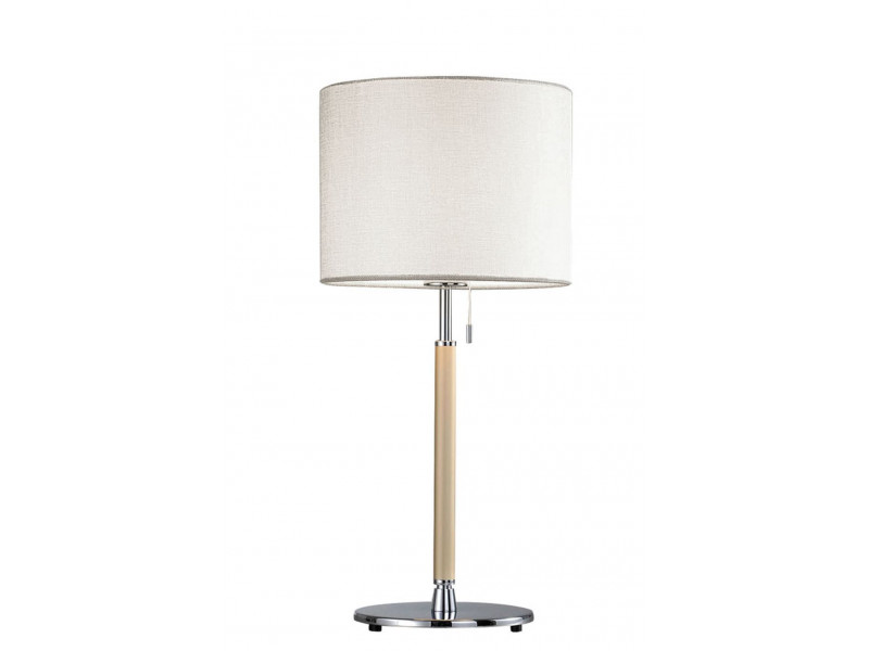 Table lamp in chrome and beige with switch and white shade made of laminated fabric Table lamp in chrome and beige with switch and white shade made of laminated fabric