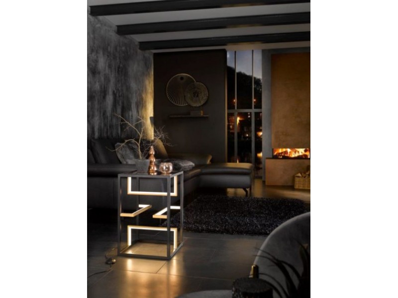 Table with built-in LED Light, in matt black and gold matt with smoke glass and white acrylic glass. It is a 3-step dimmer with a switch. Table with built-in LED Light, in matt black and gold matt with smoke glass and white acrylic glass. It is a 3-step dimmer with a switch.