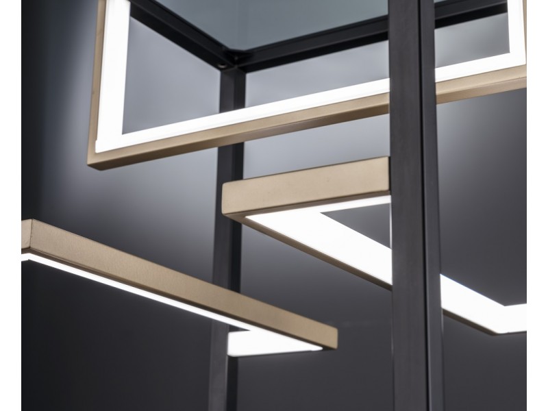 Table with built-in LED Light, in matt black and gold matt with smoke glass and white acrylic glass. It is a 3-step dimmer with a switch. Table with built-in LED Light, in matt black and gold matt with smoke glass and white acrylic glass. It is a 3-step dimmer with a switch.