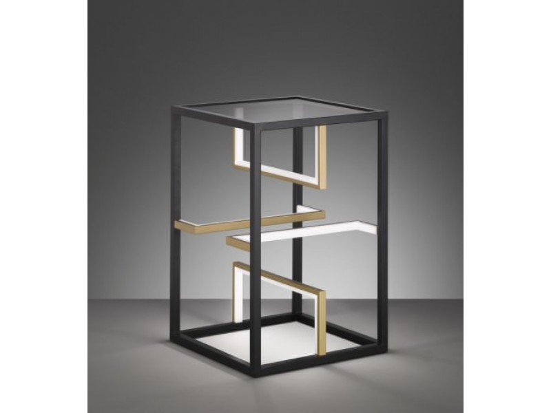 Table with built-in LED Light, in matt black and gold matt with smoke glass and white acrylic glass. It is a 3-step dimmer with a switch. Table with built-in LED Light, in matt black and gold matt with smoke glass and white acrylic glass. It is a 3-step dimmer with a switch.